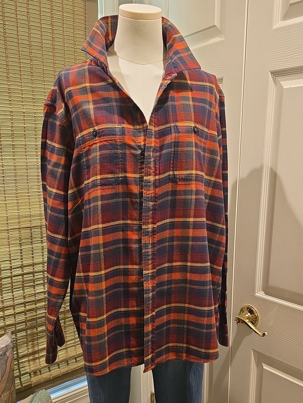 L.L. Bean Orange and Navy Plaid Button-Down Shirt